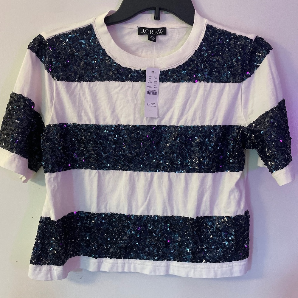 NWT Sz XXS J.Crew Broken In Jersey Tee Sequin Stripe